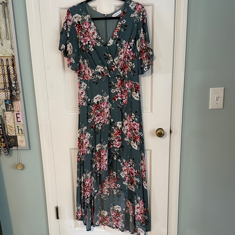Floral High-Low Dress in Sage and Pink